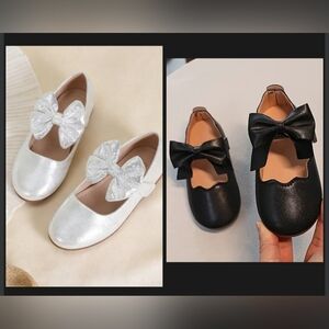 Elegant Silver and Black Kids Shoes with Bow Size 8-8.5